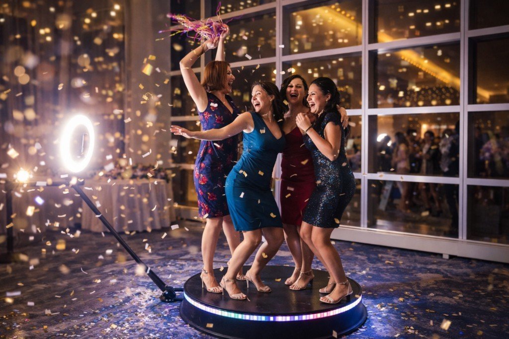 Guests dancing on a 360 video booth platform surrounded by confetti and an LED ring light